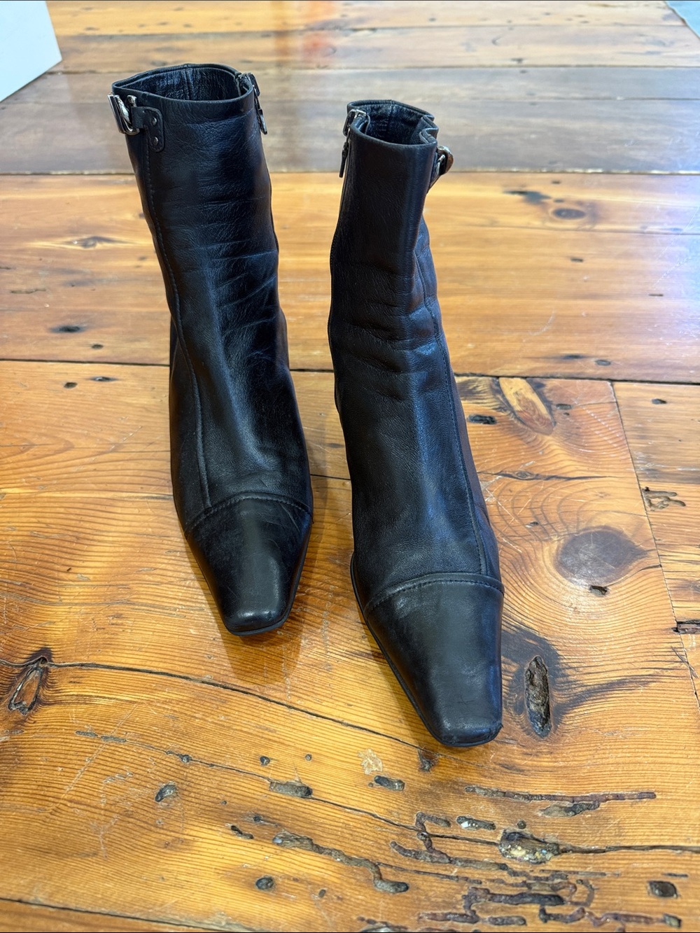 Prada Vintage Black Leather Square-Toe Ankle Booties with Side Buckle Size 39
